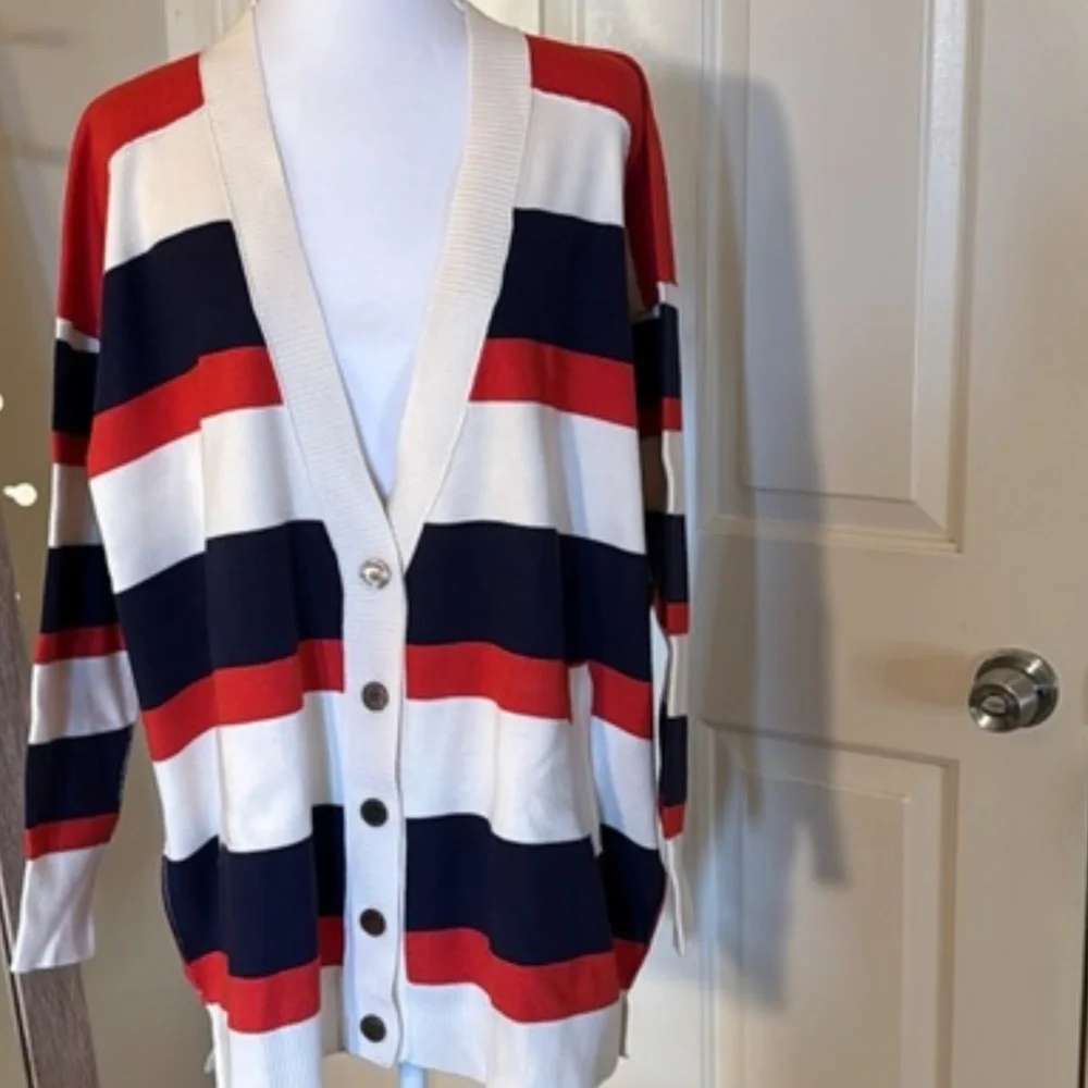 Free People Oversized Striped Cardigan in Red, Navy & Cream